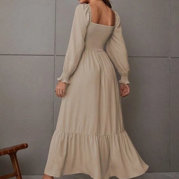 Boho Khaki Square Neck Shirred Ruffle Hem Dress - Picture 3 of 5